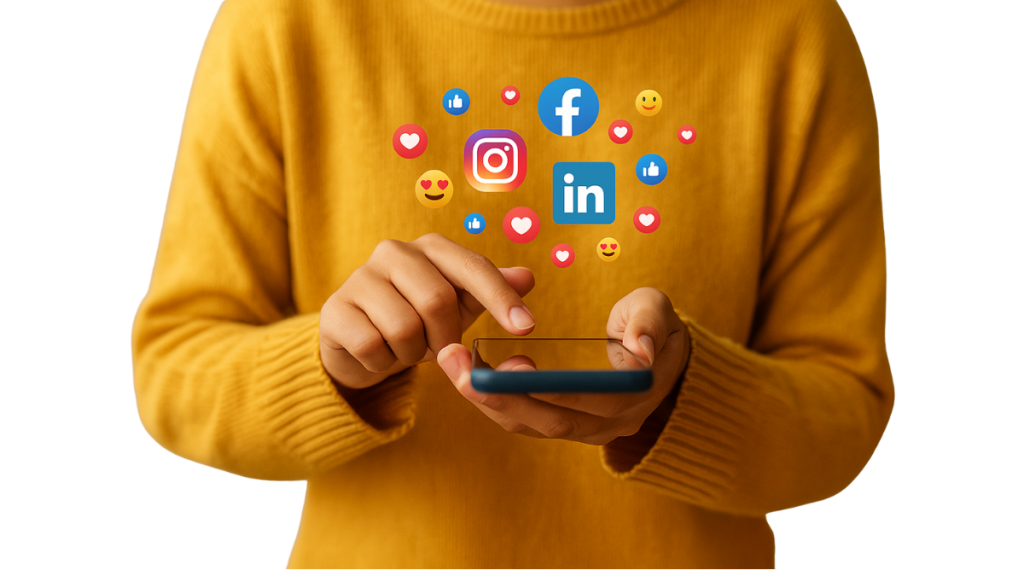 Persona usando su teléfono para interactuar en redes sociales con iconos de Facebook, Instagram, me gusta y reacciones.